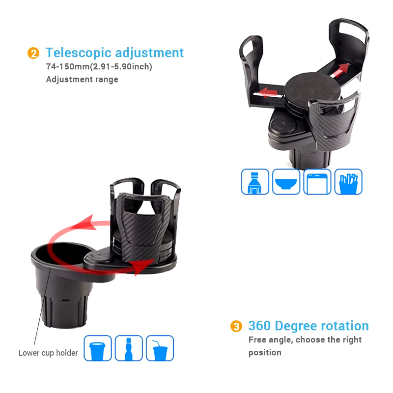 SEAMETAL 2 in 1 Car Cup Holder Expander 360 Degree Adjustable Base Drink Holder Anti-Shake Stable Auto Bottle Holder Organizer